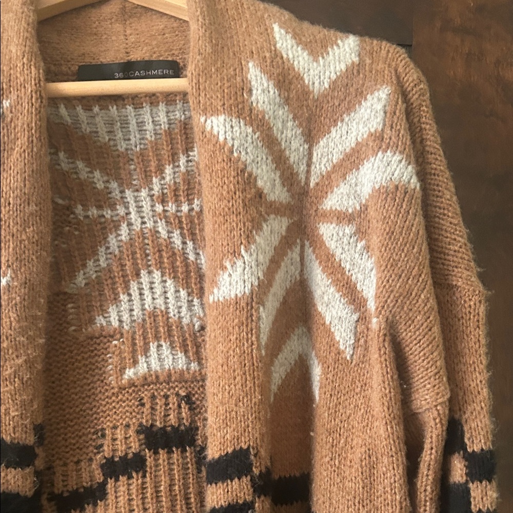 360 Cashmere Tan, Black & White Patterned Open-Front Cardigan - Picture 4 of 9